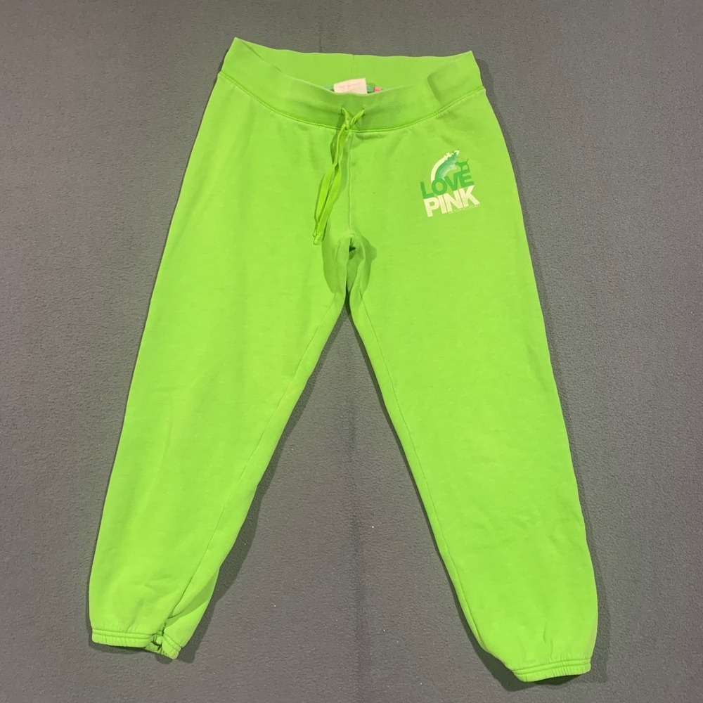 PINK Victoria's Secret Capri Sweatpants Womens S Neon Green Graphic Y2K Spellout